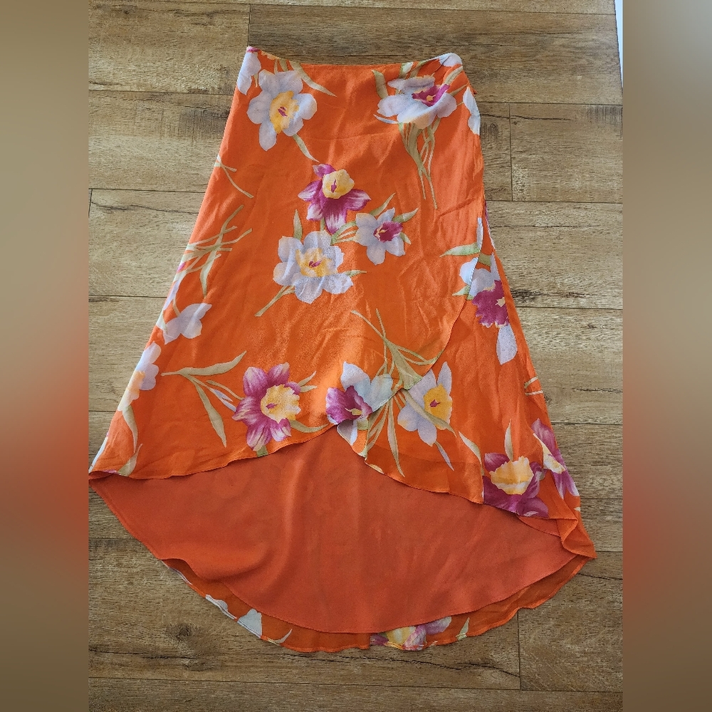 Lauren Ralph Lauren 100% Silk Faux Wrap Floral Midi Lined Skirt Sz S Lightweight - Picture 3 of 8